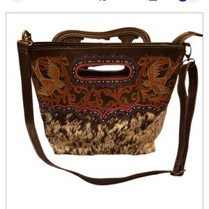 Hand Tooled Leather and Cow Hide Bag - Made in Mexico